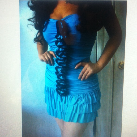 Bebe blue ruched ruffle mini dress M