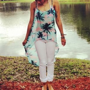 High Low Chiffon Tropical Print Tank
