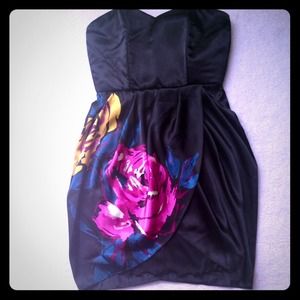 Black floral strapless dress