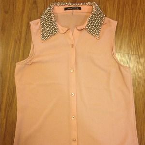 Sheer button up shirt w/silver beaded collar