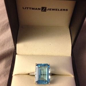 Blue Topaz and Diamond Ring 10k White Gold