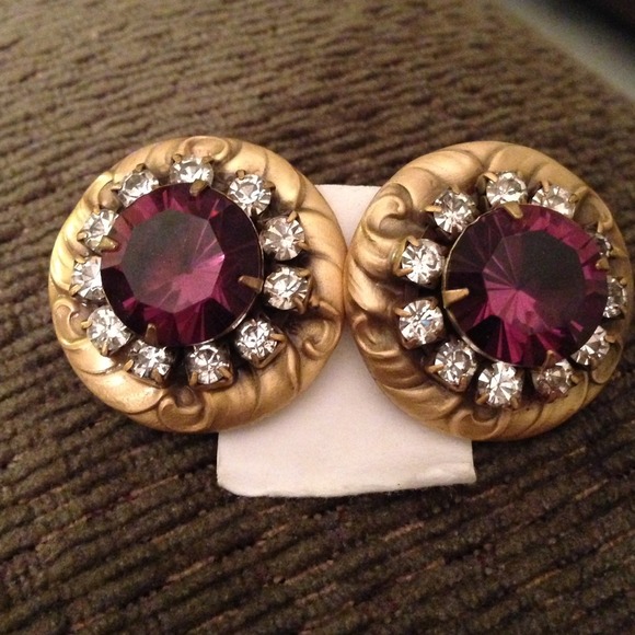 Lg purple stone earring/w crystals by Sarah green - Picture 1 of 1