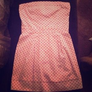 Red and white polka dot strapless dress
