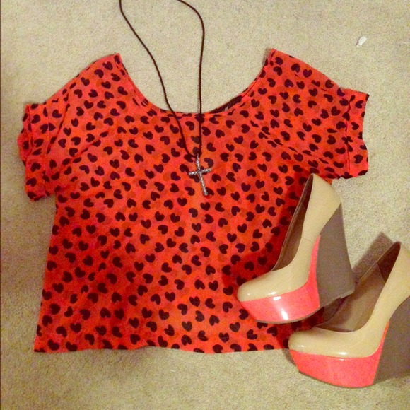 Heart orange sheer backless top shirt