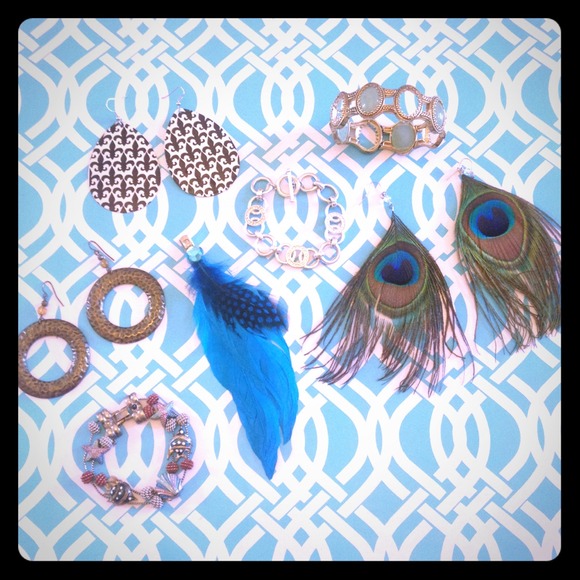 3 sets of earrings 3 bracelets & feather hair clip