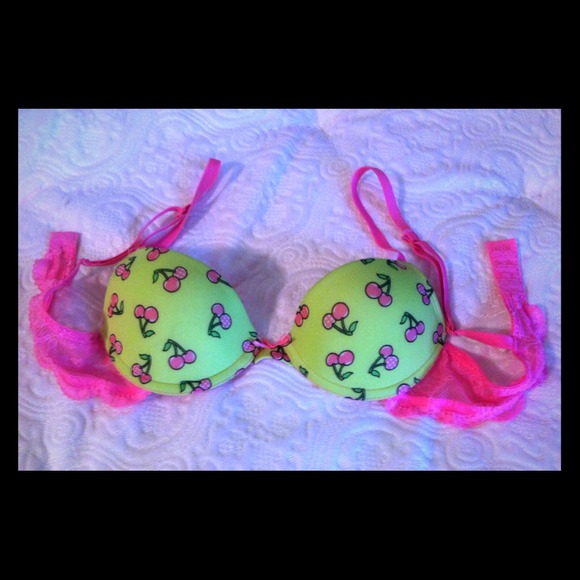 SOLD!!! Bright pink & Yellow Bra with cherry