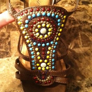 Beaded brown wedge sandals