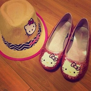 Hello kitty shoes with matching hello kitty hat.