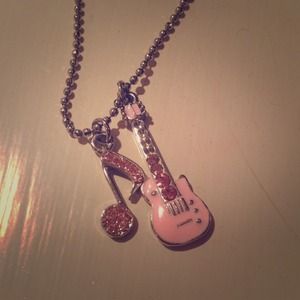 Small guitar and music note charm necklace