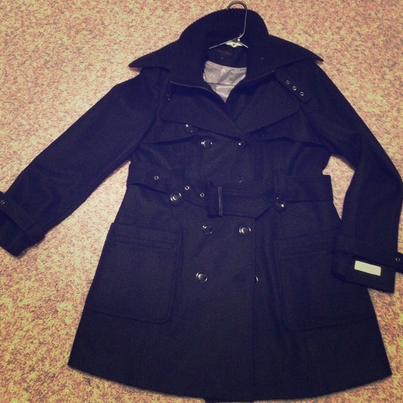 Calvin Klein black pea coat with embellishments