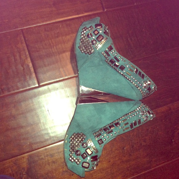 Blinged out turquoise suede wedges