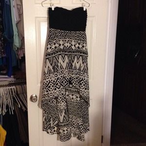 Black/beige tribal print high-low strapless dress.