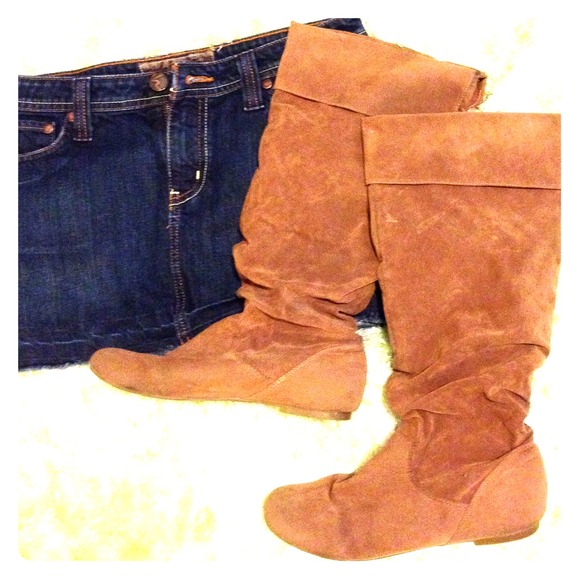 Camel suede like knee high boots.