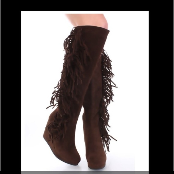 Dark Brown Fringe kneel High Platform Boots
