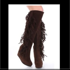 Dark Brown Fringe kneel High Platform Boots