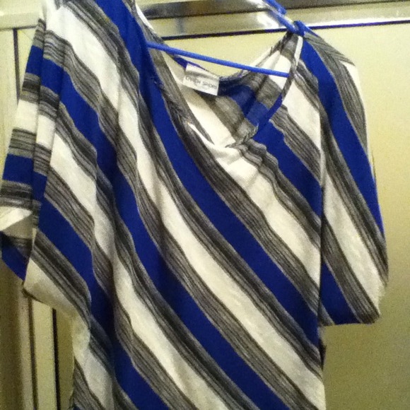 Blue grey and white striped top