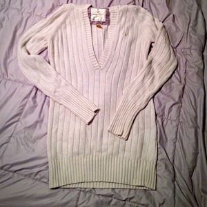 American Eagle cream v neck hooded sweater