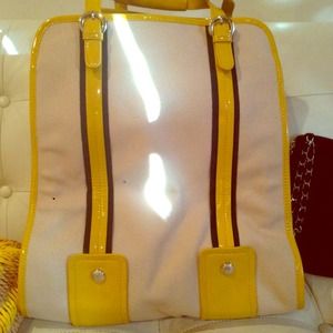 Ann Taylor canvas tote with hello and navy trim