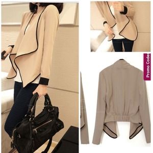 Flouncy hem beige with black trim open cardigan