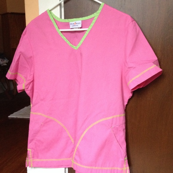 Pink w/ lime green trim scrub shirt