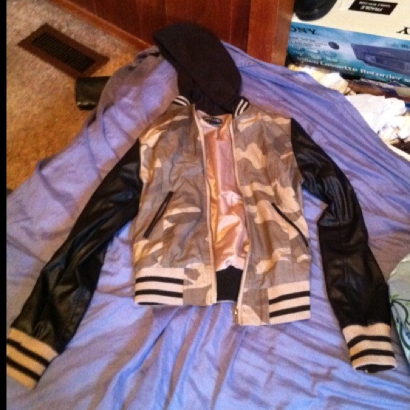 Leather, camo wet seal jacket
