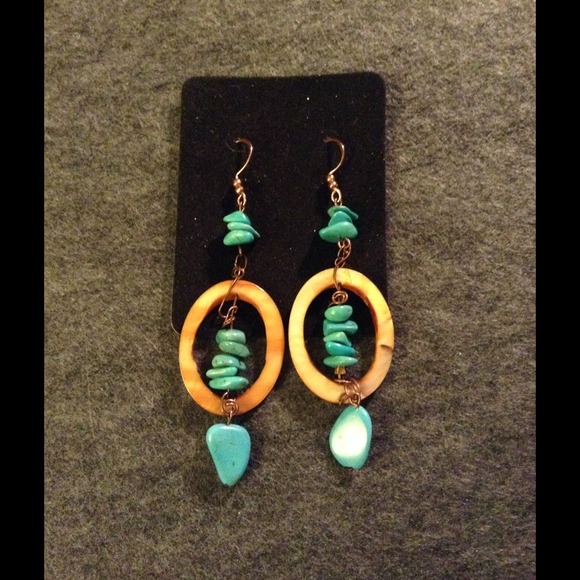 Handmade, Turquoise earrings with copper & pearl