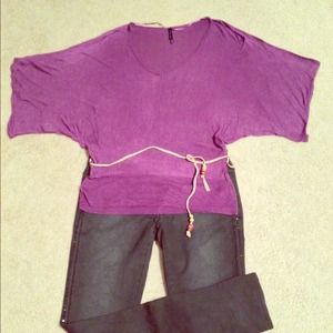 Purple bat wing knit top WITH leather braid belt!