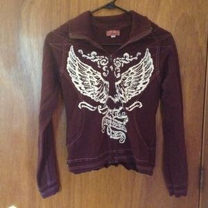 Burgundy embellished hooded zip-up with collar