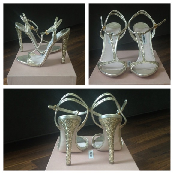 NEW Miu Miu Glitter T-Strap Heels - Picture 2 of 4
