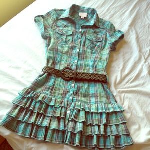 Aqua Plaid Belted Ruffle Shirtdress