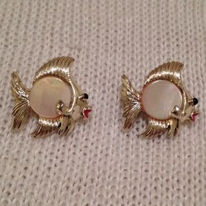 Fish Pins with Pearl Like Inset - Silver Tone