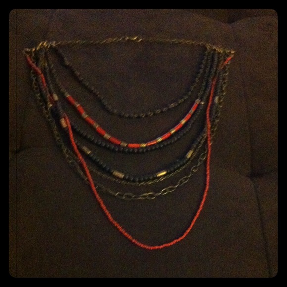 Navy blue orange bronze beaded necklace