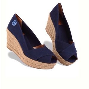 SOLD! Tory Burch Filipa Wedges Canvas Navy Blue