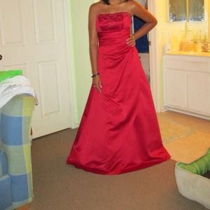 Red full length dress.