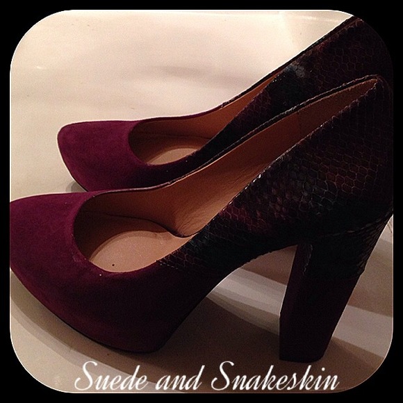 Deep purple suede and teal snakeskin heels - Picture 2 of 4