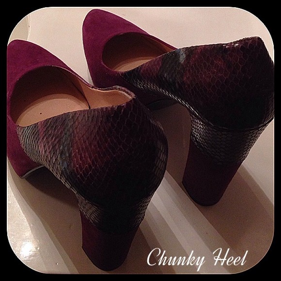 Deep purple suede and teal snakeskin heels - Picture 3 of 4