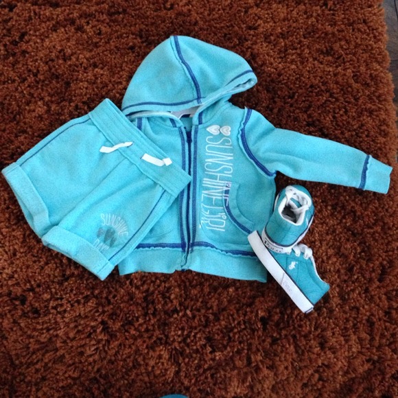 Infant hoodie with matching shorts.