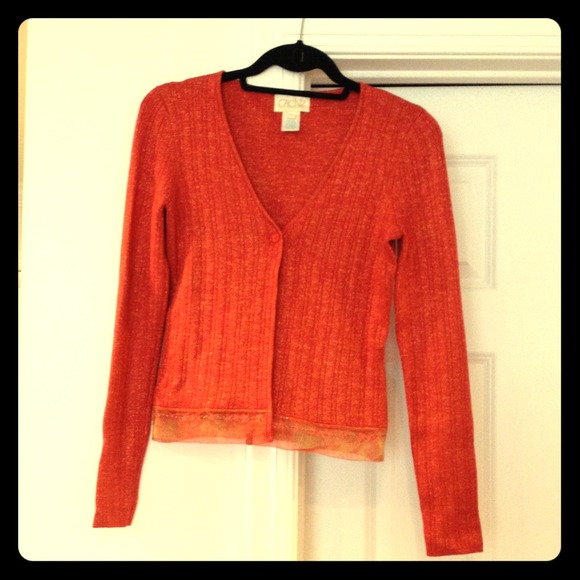 Orange silk cardigan sweater w/ gold thread detail