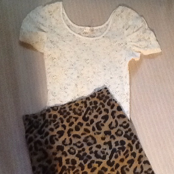 Leopard print skirt & cream color shirt with holes