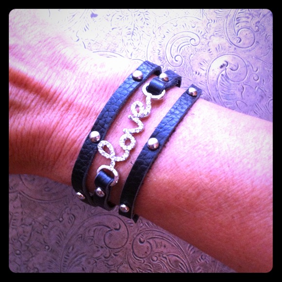 Leather, Studs & Rhinestone "Love" Wrap bracelet.
