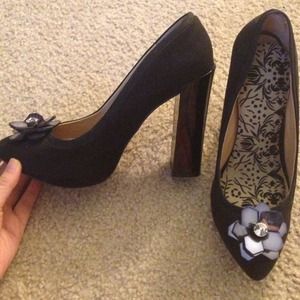 Asos black block heel with rhinestone flower