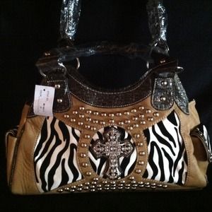 New with tags Tan/Zebra Rhinestone Cross Western