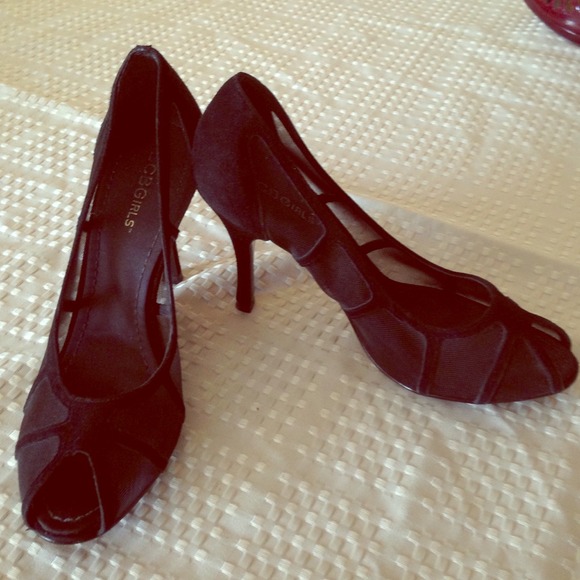 BCBG Black mesh and velvet peep toe heels