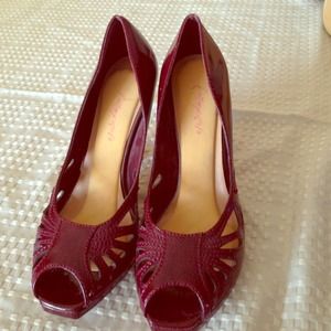Burgundy patent leather cutout peeptoe heels