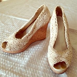 Cork & nude lace peeptoe wedges from bakers.