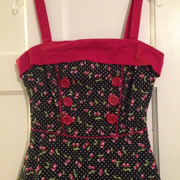 SOLD Black and white polka dot red cherry dress - Picture 2 of 4