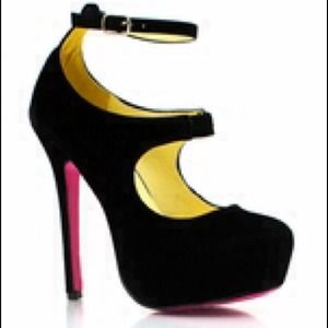 >REDUCED< Black Double Strap Heels with Pink Sole