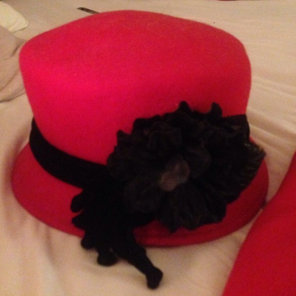 RED WITH BLACK VELVET TRIM AND FLOWER DRESS HAT
