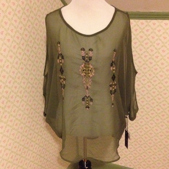 Olive green sheer top with embroidery size medium