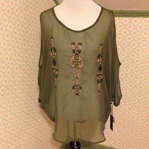 Olive green sheer top with embroidery size medium